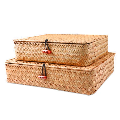 FEILANDUO Shelf Baskets with Lids Wicker Storage Baskets for Shelves Organizing Natural Seagrass Rattan Woven Organizer Boxes Boho Home Decor Set of 2 (Natural)