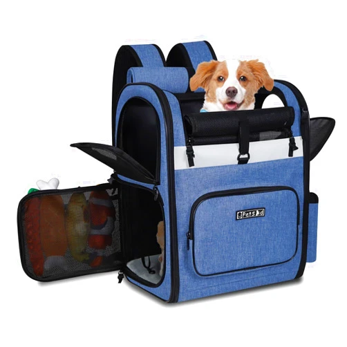 Petskd Pet Carrier Backpack 13 x 11x 16.5 for Small Medium Dogs and Cats Under 15LBS, Large Space Foldable Backpack with Safety Lock Zipper and Breathable Mesh for Travel Hiking Camping(Blue)