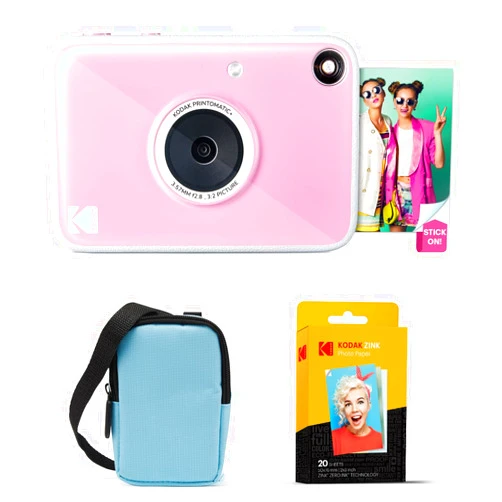 Kodak Printomatic+ Instant Print Digital Camera Starter Bundle + Carrying Case (Blue) + Zink 20pk Sticky-Back Photo Paper - 10MP, Full-Color Photos, GB LED Status Indicator - Pink