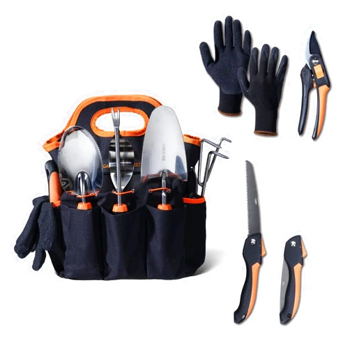 DTRK 8-Piece Large Garden Tool Set 304 Stainless Steel Garden Tool Kit with Handbag,Pruning Shears,Gloves Heavy Duty Gardening Hand Tools with Non-Slip Rubber Grip,Ideal Gifts for Women & Men Orange