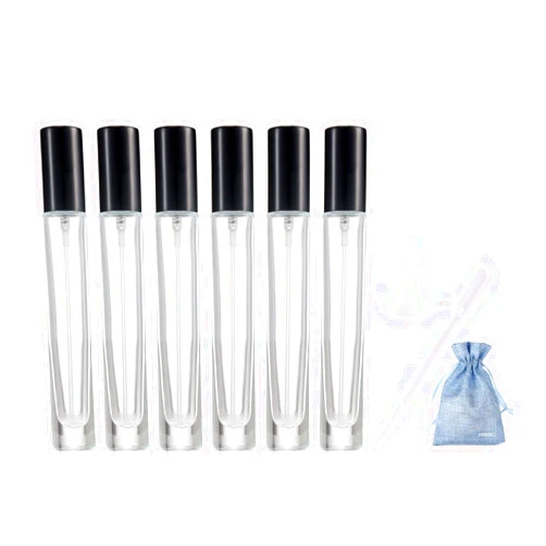 JJKMALL Thick Glass 6pcs 10ml 1/3oz Spray Bottle Refill Perfume Hydrating Fragrance Fine Mist Atomizer Cosmetic Container Round Tube Party Makeup Tool Travel Gift Sample（6Pack Black lid）