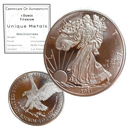 Unique Metals 2021 1 Ounce OZ .999 Fine Solid Titanium USA American Liberty Eagle Coin | Titanium Round Precious Metal Ingot Bullion Ti Element Chemistry Proof Mint Coin by Unique Metals