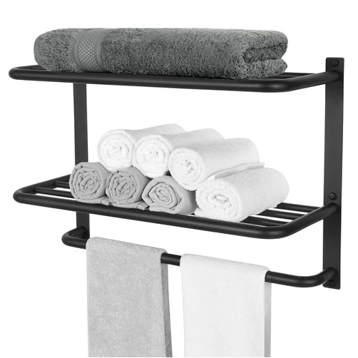 DEWVIE Towel Rack for Bathroom, DEWVIE 22 Inch Tower Holder with Tower Bars, SUS 304 Stainless Steel Lavatory Bath Towel Shelf Towel Hanger Wall Mount, 3-Tier (Matte Black)