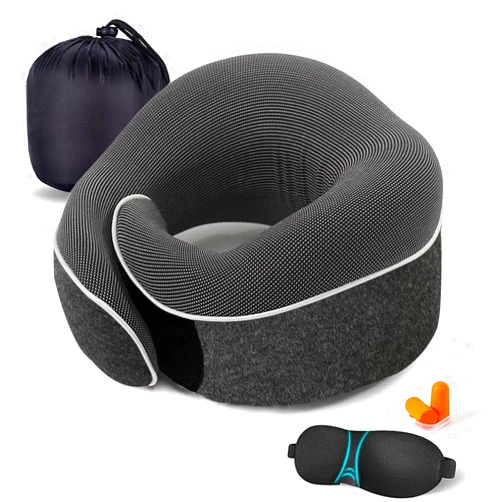 UBEUONLY Travel Neck Pillow Chin Support Pillow Adjustable 100% Pure Memory Foam , New Ergonomic Design Soft Best Full Neck Surround Pillow Sleep for Home, Airplanes & Car (Black)