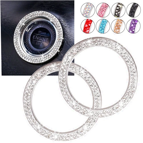 ToBeQueen Car Bling Ring Crystal Car Stickers Rings Womens Car Decals,2Pcs Push Start Button Bling Ignition Ring Sticker,Bling Car Interior Accessory for Women,Silver