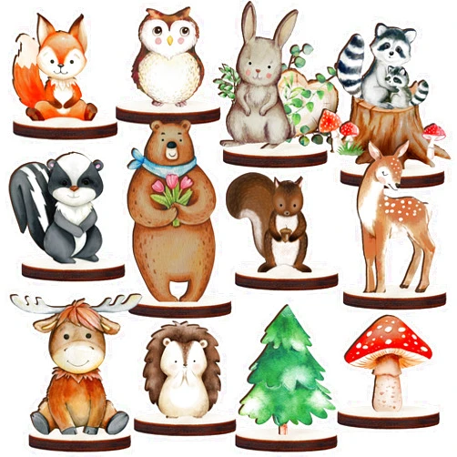 Geetery 12 Pcs Woodland Animals Wooden Animal Cutout Shapes Forest Painted Woodland Baby Shower Decorations Woodland Creatures Wood Table Centerpieces for Woodland Camp Party Supplies (Cute)