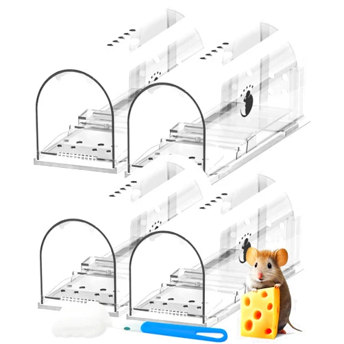 Motel Mouse Humane Mouse Traps No Kill Live Catch and Release 4 Pack - Reusable, Easy to Use & Clean, No Touch Release, Sensitive Includes Cleaning Brush, Instruction Manual & Video - Mousetrap Indoor