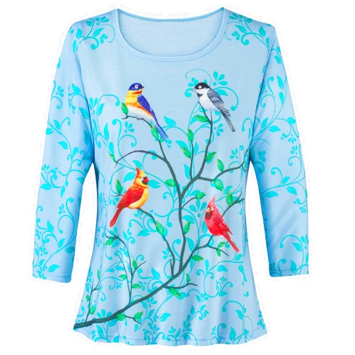 Collections Etc Women's Backyard Birds Top Blue Large