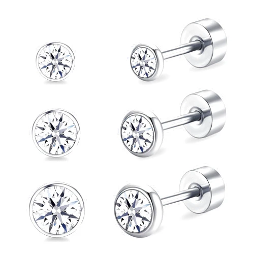 FACOKO 3 Pairs Ladies Flat Back Titanium Stud Earrings Crystal Decoration Anti-Allergy Transparent/Purple Available 3MM/4MM/5MM Safety Stud Set For Sensitive Ears