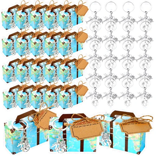 Singhoow 36 Set World Map Mini Suitcase Favor Boxes Party Favor Candy Box with Earth Airplane Keychains and Travel Ticket for DIY Surprise Wedding Bridal Shower Decorations and Family Trips Away