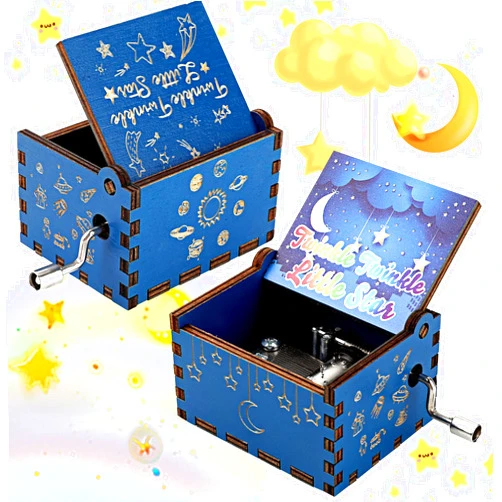 cobee Hand Crank Vintage Engraved Musical Box, Twinkle Twinkle Little Star Wood Music Box, Mini Colorful Hand Operated Musical Boxes for Birthday Thanksgiving Wedding Valentine Anniversary