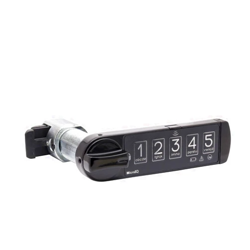 MicroIQ RT Self Locking Electronic Cabinet Lock for Doors, Drawers, Lockers, Touch Keypad for Keyless Entry, Keyed Lock Replacement, Horizontal, Knob on Left. Black
