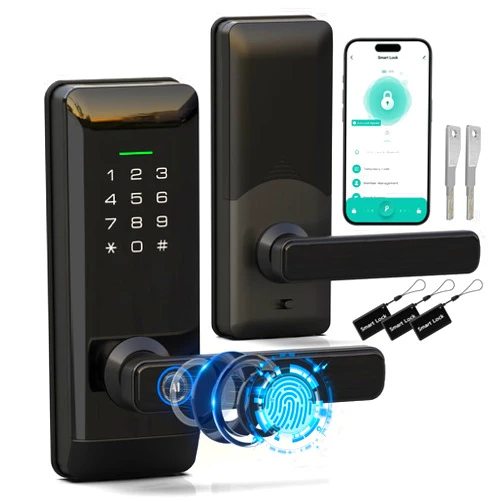 Pothunder Smart Keypad Door Lock with Handle, Pothunder Fingerprint Smart Lock - Keyless Entry Door Lock for Front Door - Electronic Digital Door Lock - Deadbolt Lock with APP - Easy Installation