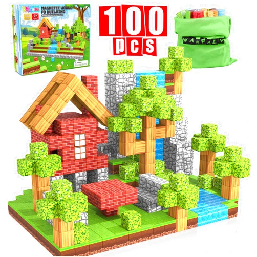 Wanplay Magnetic Blocks, 100PCS Magnetic Building Blocks for Kids, Build Mine Magnet World Set STEM Montessori Sensory Cubes for Toddlers, Magnetic Birthday Gift Toys for Aged 3-12 Boys & Girls