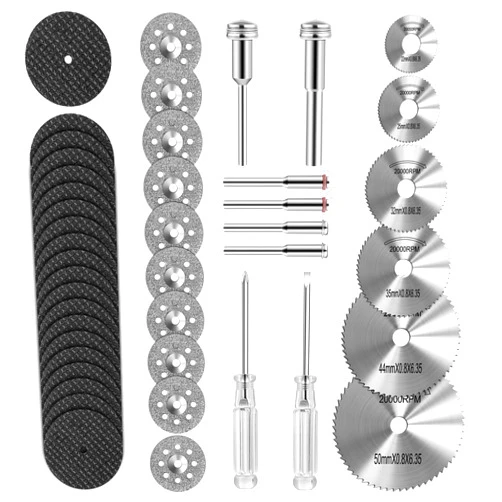 Kuenuilr Cutting Wheel Set Compatible with Plastic 44pcs for Rotary Tool, HSS Circular Saw Blades 6pcs, Resin Cutting Discs 20pcs, 545 Diamond Cutting Wheels 10psc with 2 Screwdrivers