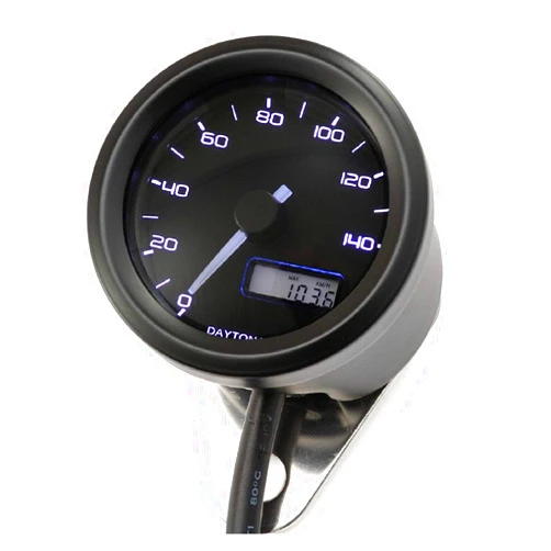 Daytona Digital Compact 48mm Motorcycle Speedometer Gauge MPH - 140 MPH, LED Backlight (RED/White/Blue), Stainless Steel, Odometer, Trip Meters, Clock, Voltmeter, Water Resistant, V-Bracket Included