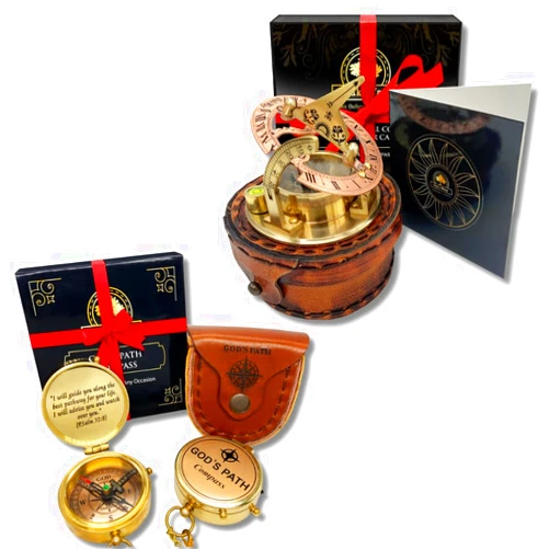 OakiWay God's Path Compass & Brass Sundial Compass Bundle - Inspirational Gift Set for Men, Nautical Decor, Functional Outdoor Navigation Tools, Perfect for Graduation, Anniversary, and Religious Gifts