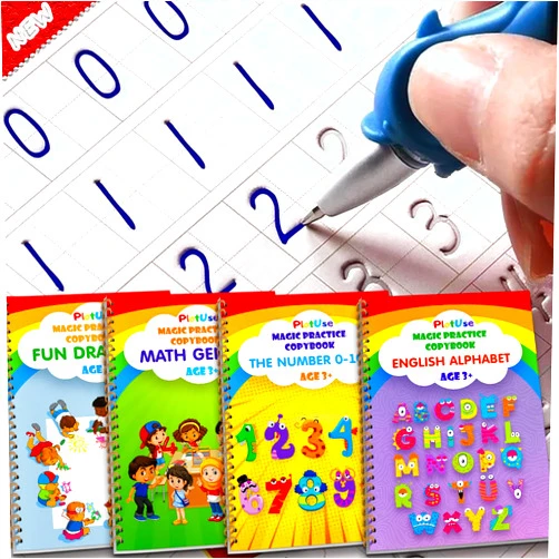 Plotuse Magic Practice Copybook, Reusable Grooved Handwriting Practice Workbooks for Preschool with Disappearing Ink, Tracing Letter Writing Books (4pcs with pens) Medium
