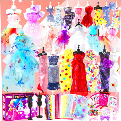 OCHIDO 600+Pcs Fashion Designer Kits for Girls 6 7 8 9 10 11 12 Years Old,DIY Arts & Crafts Set with 4 Mannequins,Sewing Kit for Kids for Birthday Christmas Gift for Ages Girls 6-8, 8-12