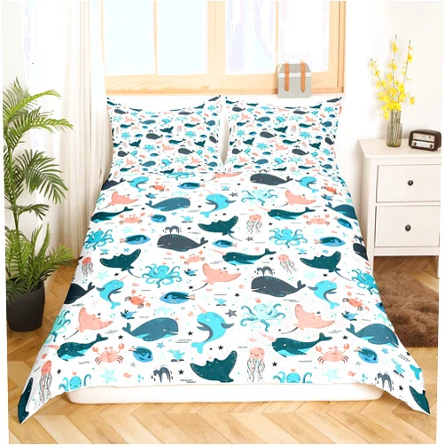 Erosebridal Kids Whale Comforter Cover Full Size Kawaii Cute Dolphin Marine Life Duvet Cover for Girls Boys Cartoon Octopus Sea Animal Bedding Set Underwater World Duvet Cover Colorful
