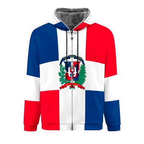 GOYMFKM Fleece Jacket Men, Vintage Winter Jacket, Dominican Republic Flag Pattern Fleece Sweat Jacket With Hood Zip Ho