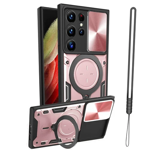JHWVVTF for Samsung Galaxy S21 Ultra 5G (6.8 Inches), Metal Ring Holder Stand Slim Phone Cover for Women Men, Camera Protector, Full Protection Shockproof Basic Cases (Rose Gold)
