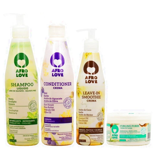 Afro Love Afro & Love Shampoo 16 Ounces, Conditioner 16 Ounces, Leave in Smoothie 10 Ounces and Curling Puree 8 Ounces Set