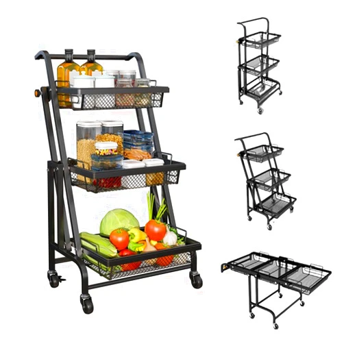 YANQIAO 3 Tier Foldable Rolling Cart, Metal Utility Cart with Lockable Wheels, Moving Easily Closet Organizer, Storage Shelves for Living Room, Kitchen, Bathroom, Bedroom and Office (Black)