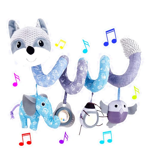 HILENBO Car Seat Toys, Infant Baby Spiral Activity Hanging Toys for Car Seat Stroller Crib Bassinet Mobile with Music Box BB Squeaker Rattles-Gray Fox