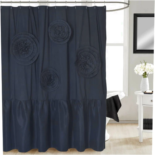 DOSLY IDÉES Sylvia Black Ruffle Shower Curtain,with Elegant Handmade Rosette Design, Vintage Floral,Luxury Shower Curtain,Ideal for Shabby Chic and Farmhouse Bathroom Decor,72x72 in