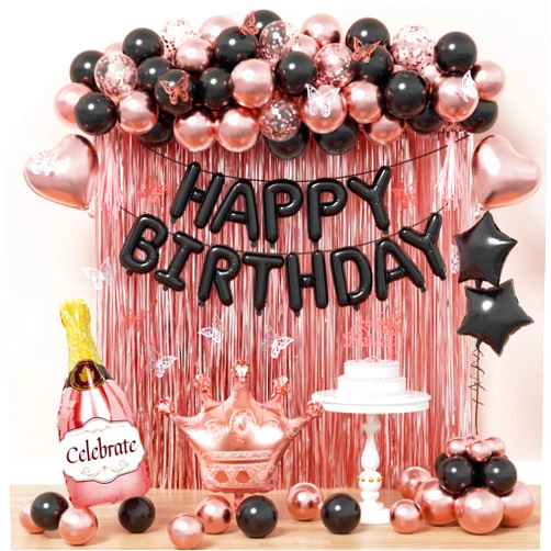 Saratimtou Rose Gold and Black Birthday Party Decorations with Happy Birthday Banner Fringe Curtai Cake Topper Butterfly Decorations Foil Balloons Happy Birthday Decorations for Women Girls Adults Kids