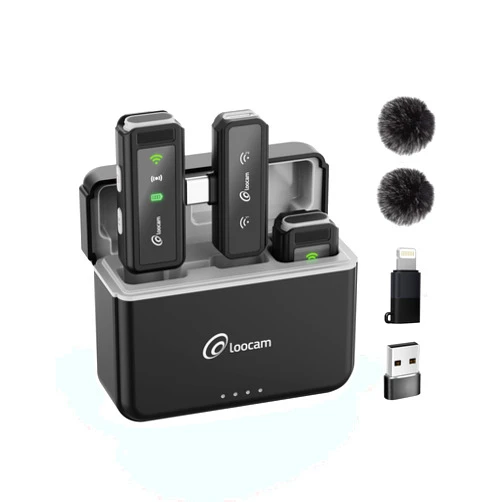 Loocam Wireless Lavalier Microphone with Noise Cancellation, 48kHz 16 Bit Hi-Fi Audio Mini Lapel Microphone, 131ft Transmission for iPhone/Android/Vlog/Video Recording, 24H Standby with Charging Case