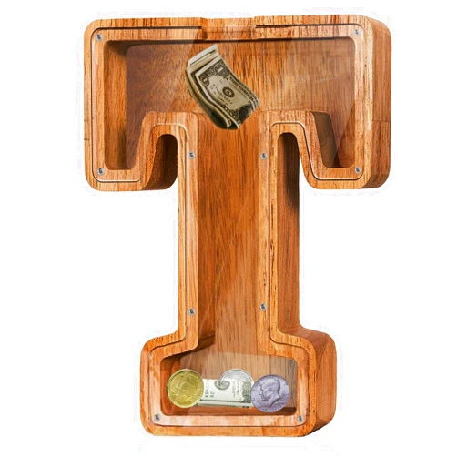 Fao Thuofyr Personalized Large Wooden Kids' Letter Piggy Bank - Letter Piggy Bank for Boys & Girls, Coin Bank Birthday Gift（T）