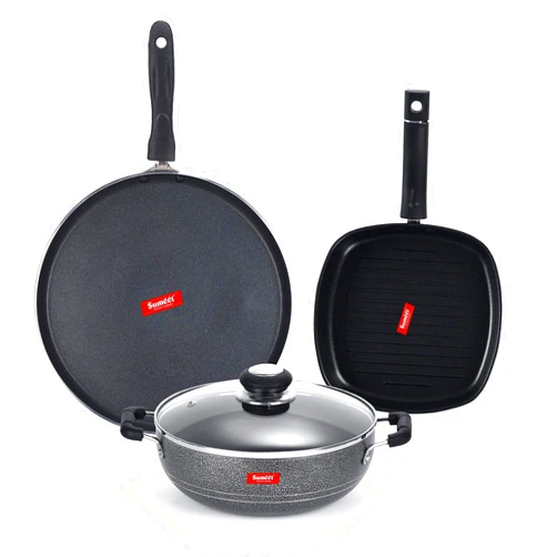 SUMEET NonStick Cawl Cookware Set (Dosa Tawa - 26.5Cm Dia Kadhai with Glass Lid -2Ltr - 22Cm Grill Pan)