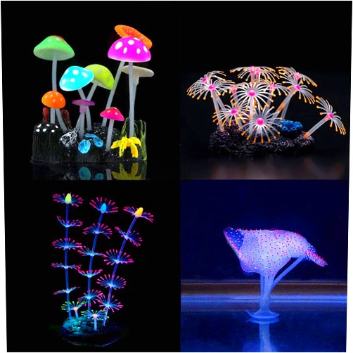 lychee Glowing Effect Aquarium Plastic Plant Lifelike - Mushrooms Lotus Coral Ornaments Underwater Artificial Silicone Plant for Fish Tank Decoration, Set of 4 (Mushroom)