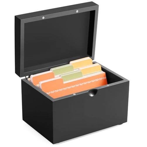 DRASTAR Index Card Holder 3x5, Wooden Index Card Organizer Box with 45 Index Card Dividers, Flashcard Notecard Holders for Home Office, Black