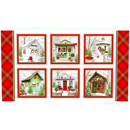 FlashPhoenix Quality Sewing Fabric – Christmas Holiday Happy Place Fabric Shed Houses 100% Cotton 24 x 44 Inch Panel