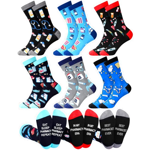 Croknit 6 Pairs Novelty Pharmacists Socks for Men Women Funny Cotton Crew Medical Socks Nurse Week Birthday Gift for Pharmacist Pharmacy Student or Coworker