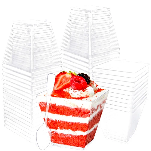 Alaeseje 100 Pack 3.5 oz Plastic Dessert Cups with Spoons,Clear Square Mini Dessert Cups,Small Tumbler Appetizer Cups Parfait Cups for Desserts,Mousse,Puddings,Party Supplies