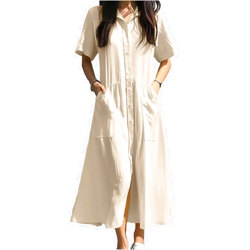 chouyatou Women's Summer Short Sleeve Button Down Shirt Dress A-Line Flared Maxi Long Beach Casual Dress