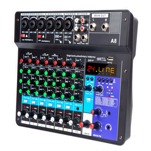 YOUSHARES 8 Channel Audio Mixer - Portable Digital Line Mixer Console Build-in 24 DSP Effects BT Function 48V Phantom Power for Karaoke Streaming