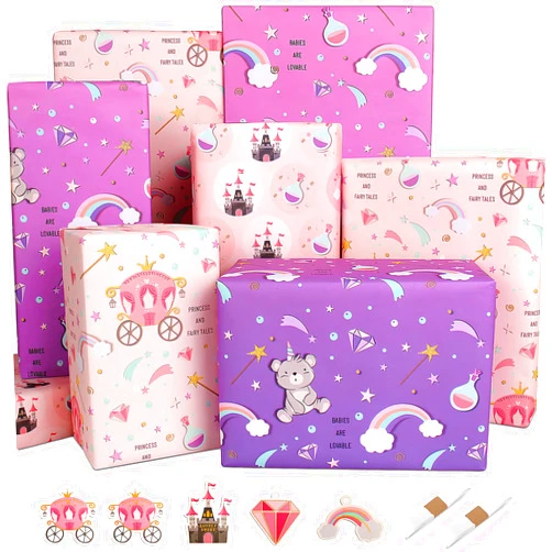 Edunass Wrapping Paper Set, Purple Castle Rainbow Pink, Gift Wrap for Girls Kids Birthday, 5 Sheets, Recycled, Includes 6 Tags & 2 Ribbons