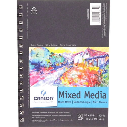 Canson Artist Series Mixed Media Paper, Wirebound Pad, 5.5x8.5 inches, 30 Sheets (138lb/224g) - Artist Paper for Adults and Students - Watercolor, Gouache, Graphite, Ink, Pencil, Marker