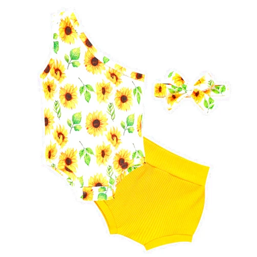 GRNSHTS Baby Girl Clothes Infant One Shoulder Floral Print Romper Diaper Shorts With Headband Cute Summer Outfits