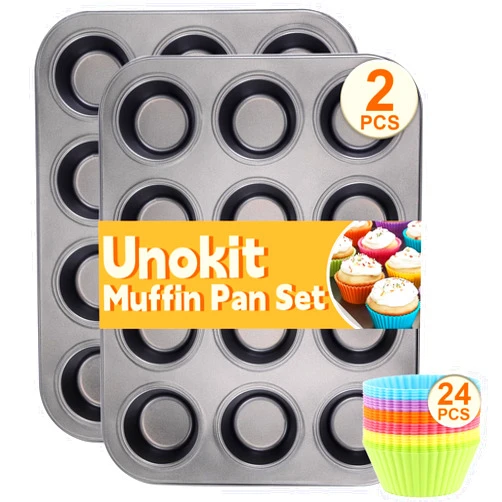Unokit 2PCS Muffin Pan for Baking, 12 Cups Regular Cupcake Pan with 24PCS Nonstick Cupcake Liners, Carbon Steel Muffin Tin for Oven, BPA Free and Dishwasher Safe