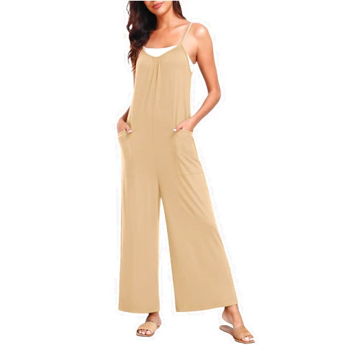 PrinStory Womens Summer Casual Sleeveless Jumpsuits Spaghetti Strap Stretchy Romper Loose Long Pant Overalls with Pockets