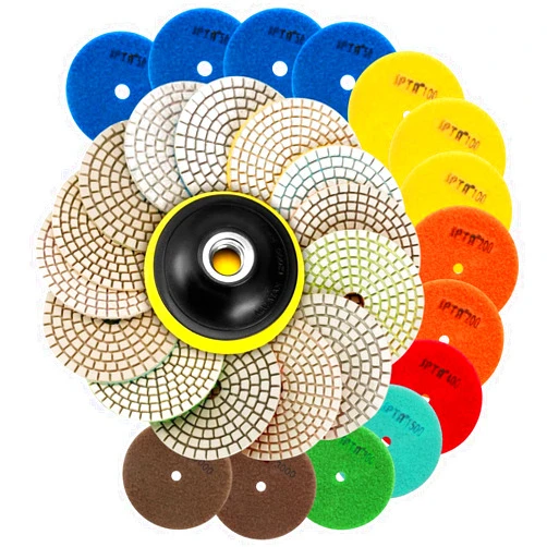 SPTA 15pcs Diamond Wet Polishing Pads Set, 4 inch Pads for Granite Stone Concrete Marble Floor Grinder or Polisher, 50#-6000# with Hook & Loop Backing Holder Pads for Wet Polisher