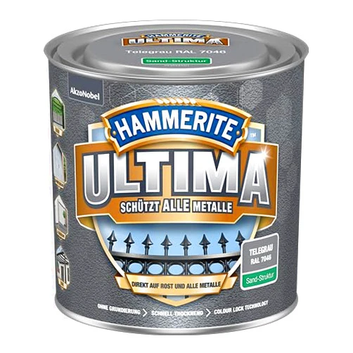 Hammerite Ultima Metal Protective Paint with Sand Structure, Telegrey RAL7046, 250 ml