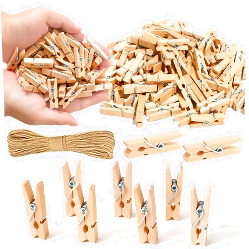 SETNDTS 1.35 Inch Mini Clothes Pins for Photo【100 Pcs】 with 32 Feet Jute Twine，Mini Clothes Pins for Crafts,Wooden Small Clothes Pins for Pictures,Tiny Decorative Clothespins for Baby Shower(Natural Color)