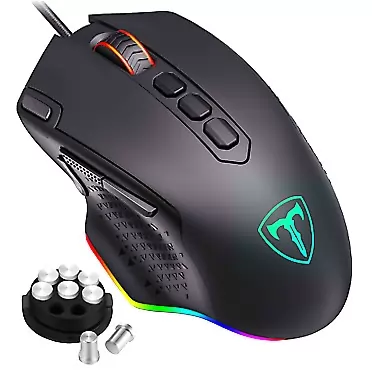 PICTEK RGB Gaming Mouse, Wired Mouse Gaming with Weight Tuning Set in the Mouse with 12000 DPI, Fire & Sniper Button, 10 Programmable Buttons